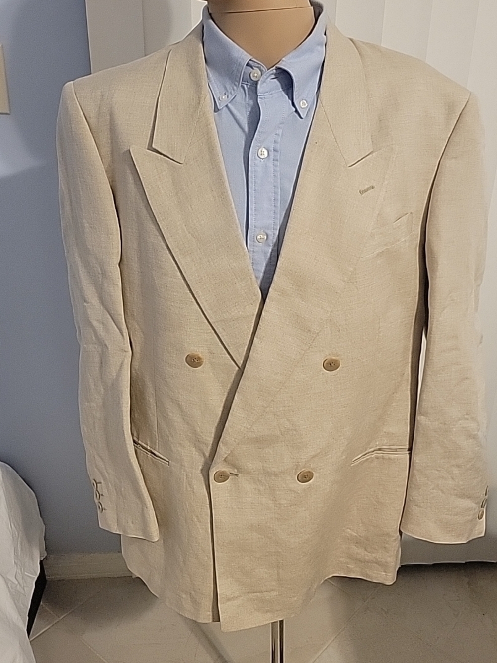 Austin Grey Men's Double-Breasted Linen Blazer 44R Natural Beige Sport Coat